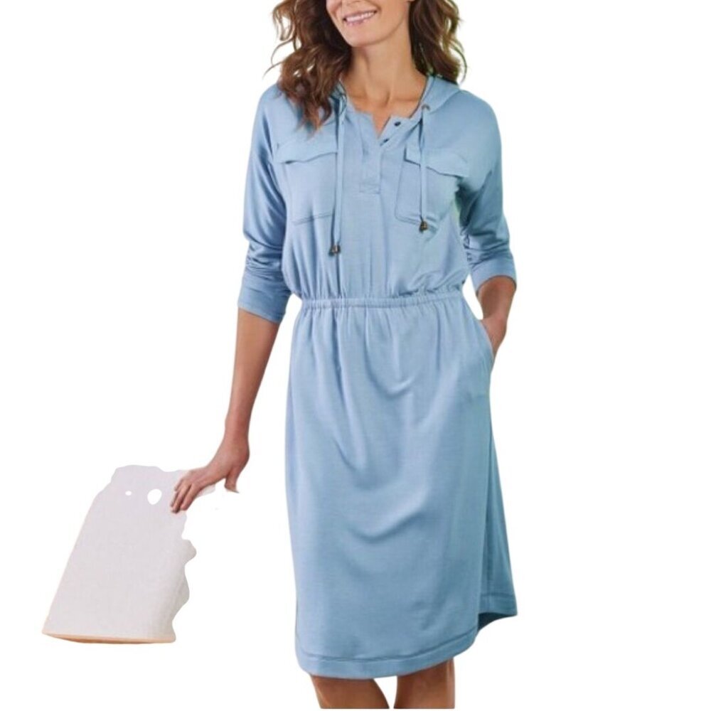 Soft Surroundings Blue Live Soft Reawaken Hooded Casual Pocket Dress Size PXL
